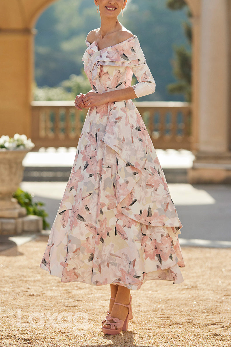 23008 - A-Line Off Shoulder Quarter Sleeves Printed Mother of the Bride Dress