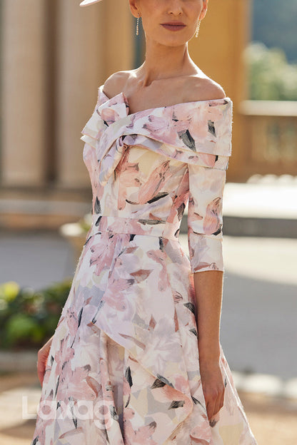 23008 - A-Line Off Shoulder Quarter Sleeves Printed Mother of the Bride Dress