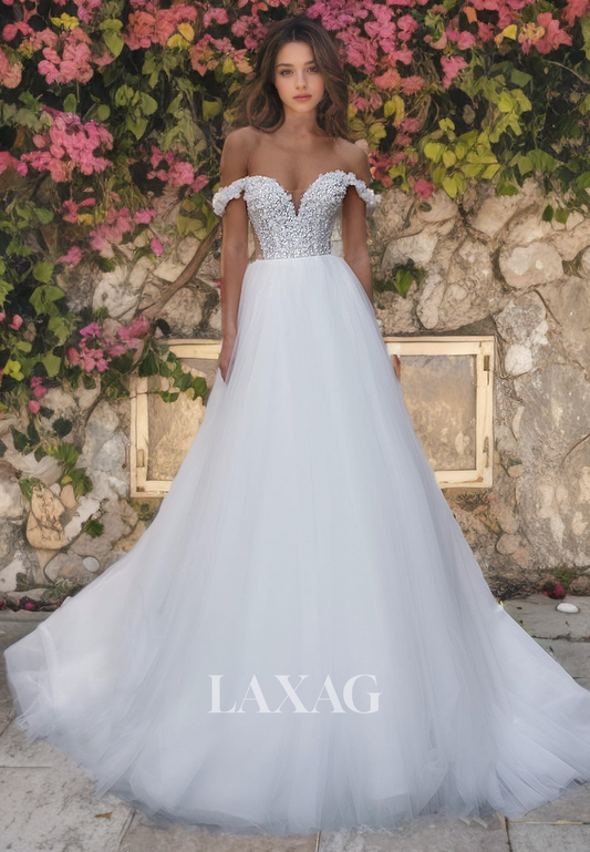 A-Line Off Shoulder Sequins Tulle Wedding Dress with Train