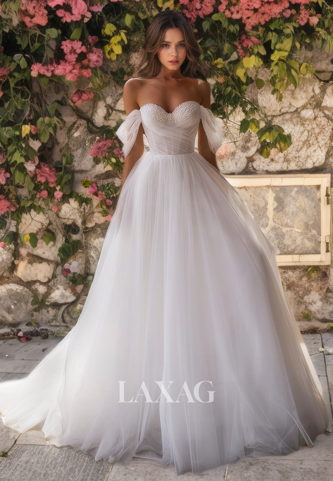 A-Line Off Shoulder Sequins Tulle Wedding Dress with Train