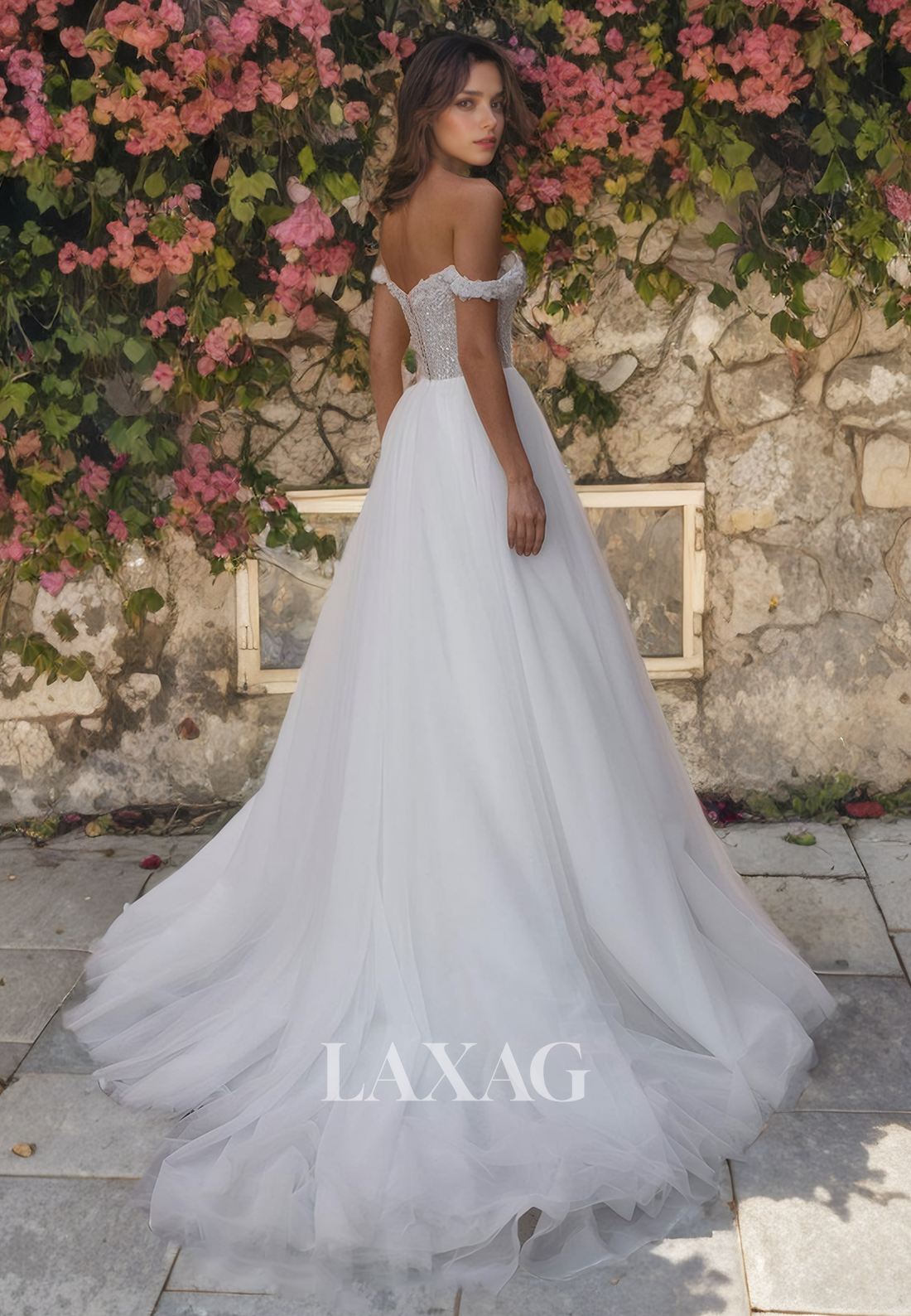 A-Line Off Shoulder Sequins Tulle Wedding Dress with Train