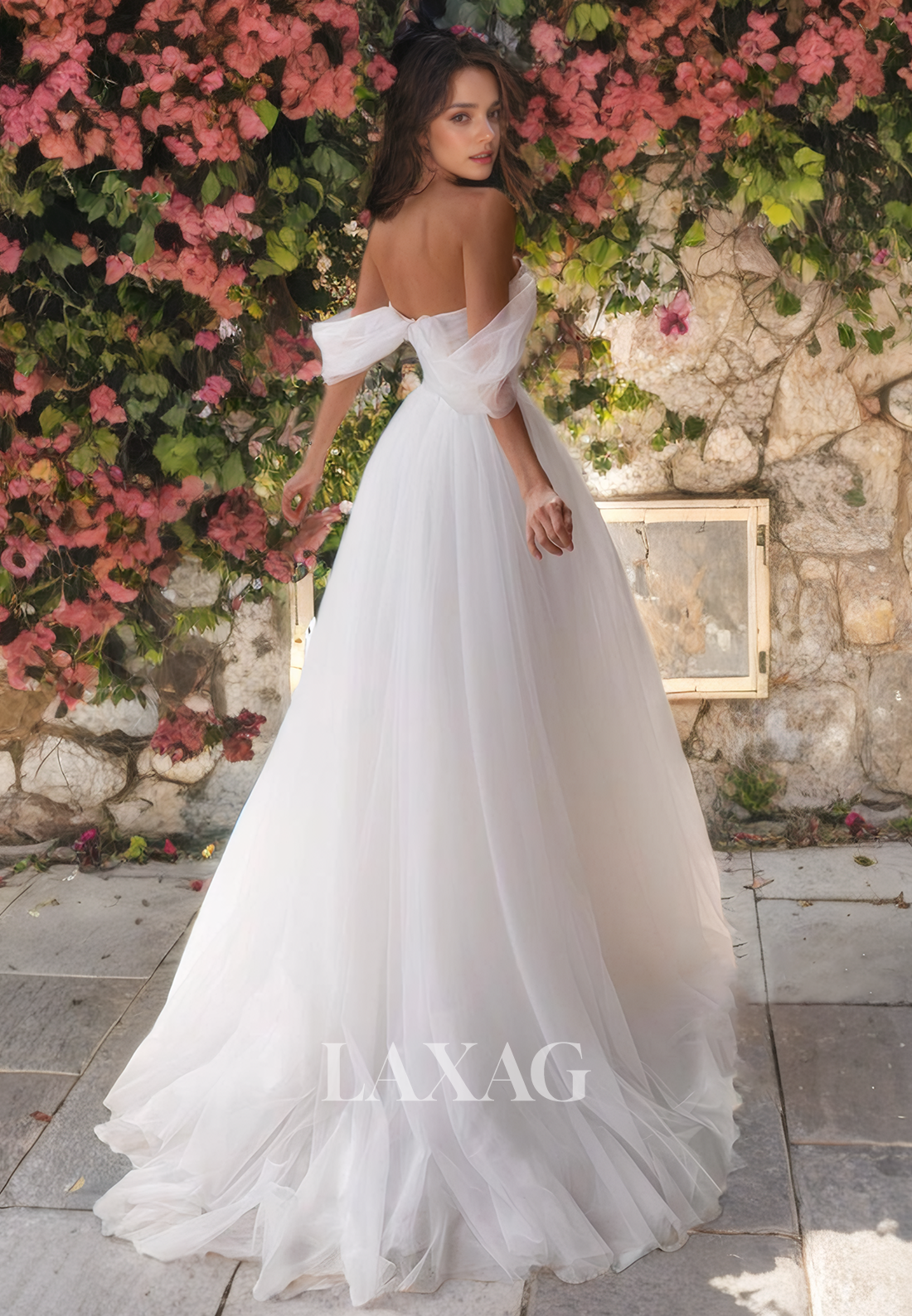 A-Line Off Shoulder Sequins Tulle Wedding Dress with Train