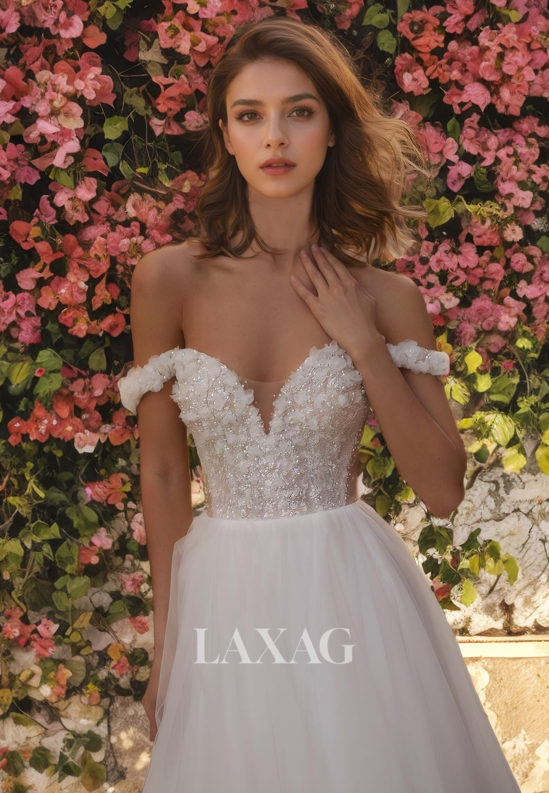 A-Line Off Shoulder Sequins Tulle Wedding Dress with Train