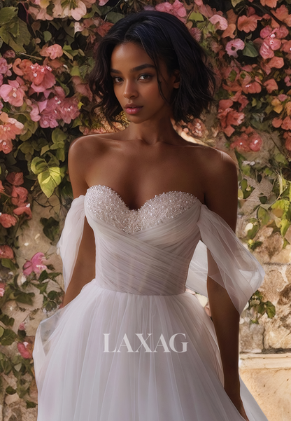 A-Line Off Shoulder Sequins Tulle Wedding Dress with Train