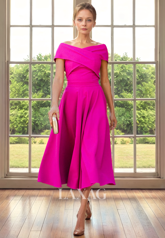 A-Line Off Shoulder Sleek Satin Ankle-Length Mother of the Bride Dress