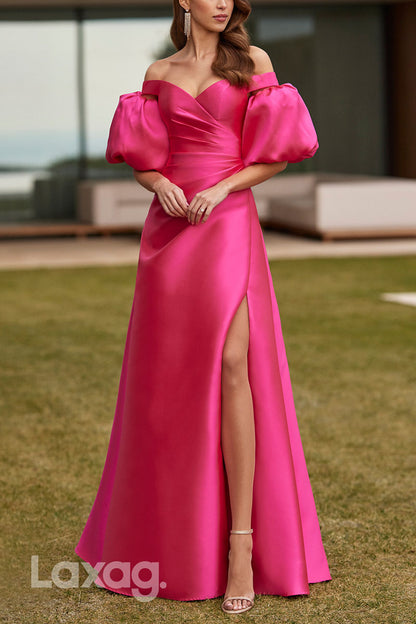 23056 - A-Line Off Shoulder Sleek Satin Cocktail Party Formal Evening Dress with Slit