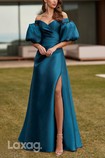 23056 - A-Line Off Shoulder Sleek Satin Cocktail Party Formal Evening Dress with Slit