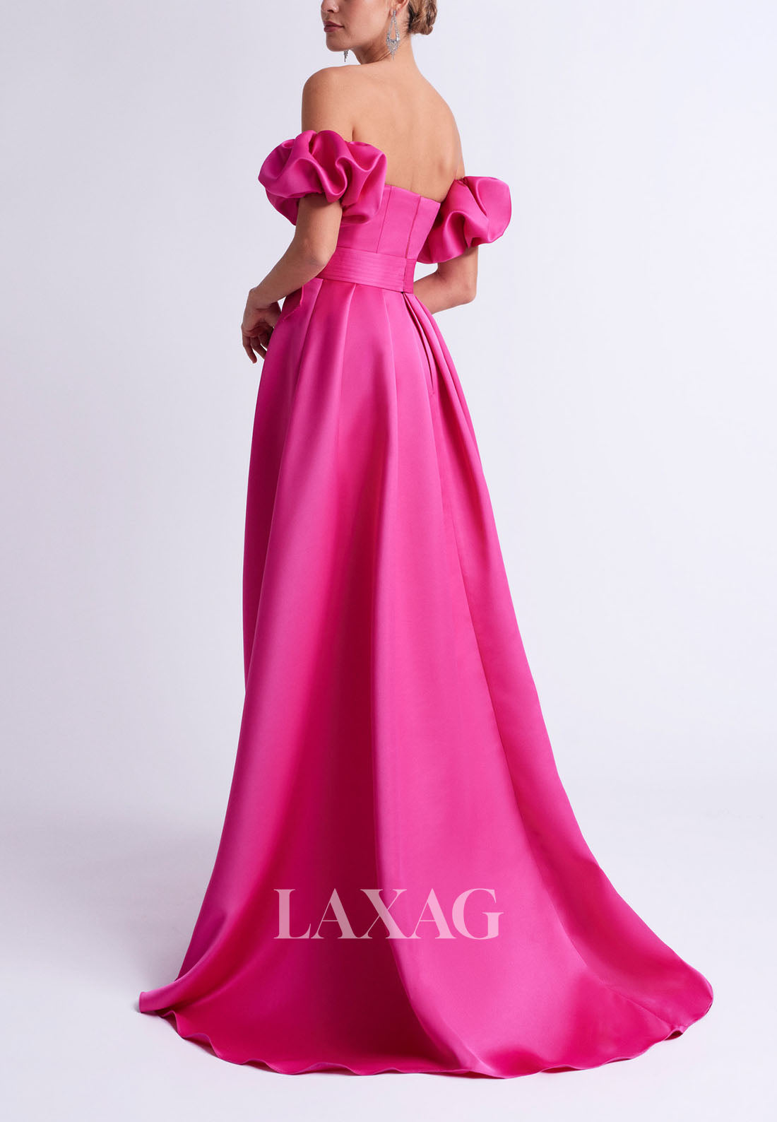 23107 - A-Line Off Shoulder Sleek Satin Cocktail Party Formal Evening Dress with Train