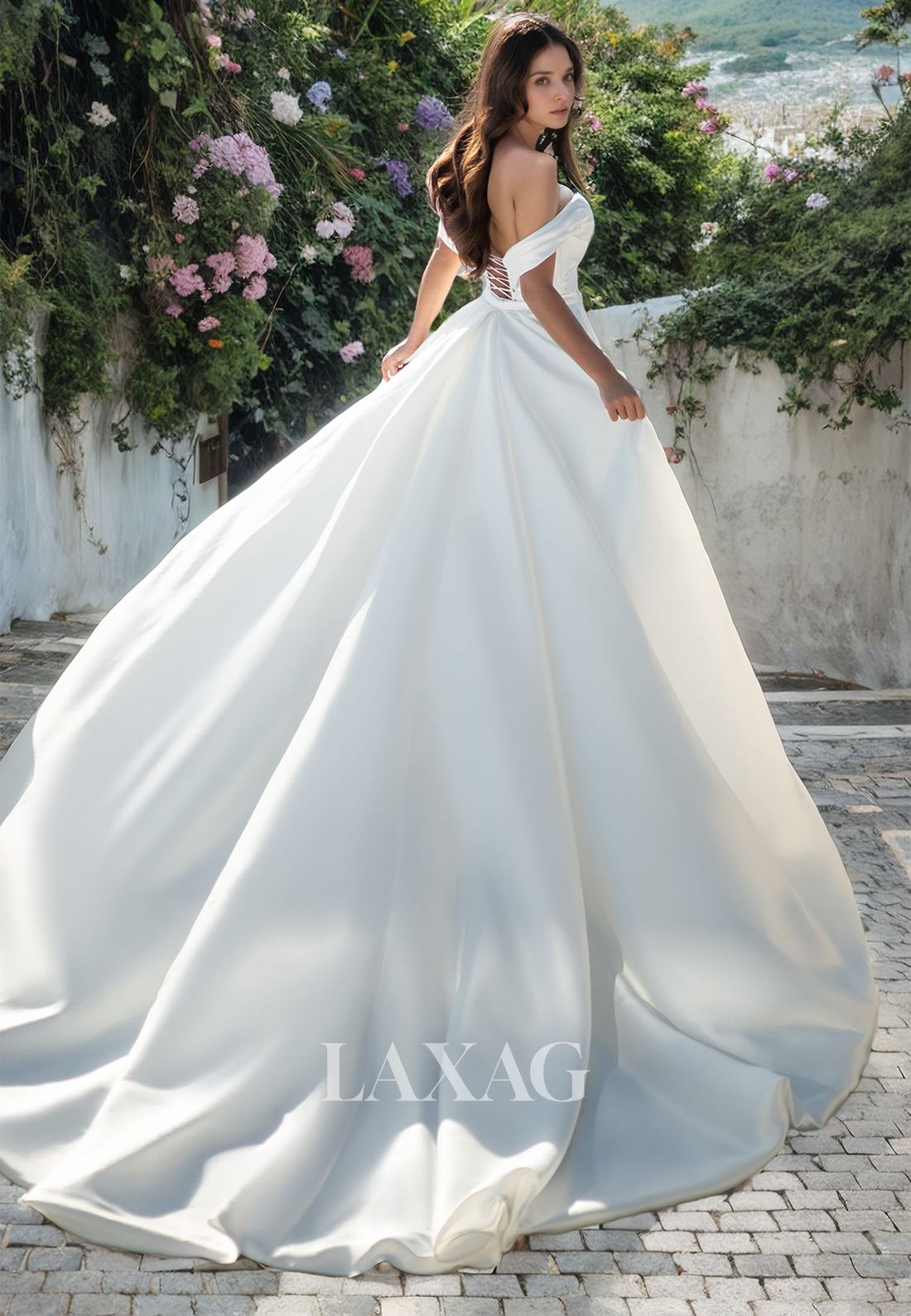 A-Line Off Shoulder Sleek Satin Elegant Mermaid Wedding Dress with Train