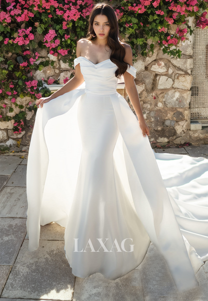 A-Line Off Shoulder Sleek Satin Elegant Mermaid Wedding Dress with Train