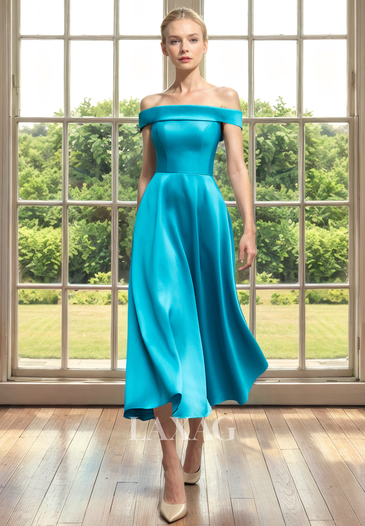 A-Line Off Shoulder Sleek Satin Elegant Mother of the Bride Dress