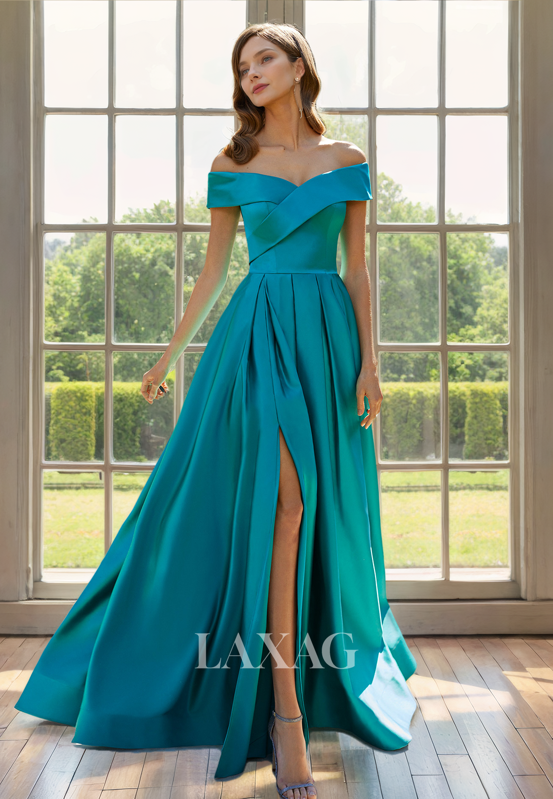 A-Line Off Shoulder Sleek Satin Elegant Mother of the Bride Dress with Slit