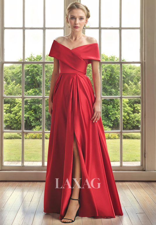 A-Line Off Shoulder Sleek Satin Elegant Mother of the Bride Dress with Slit