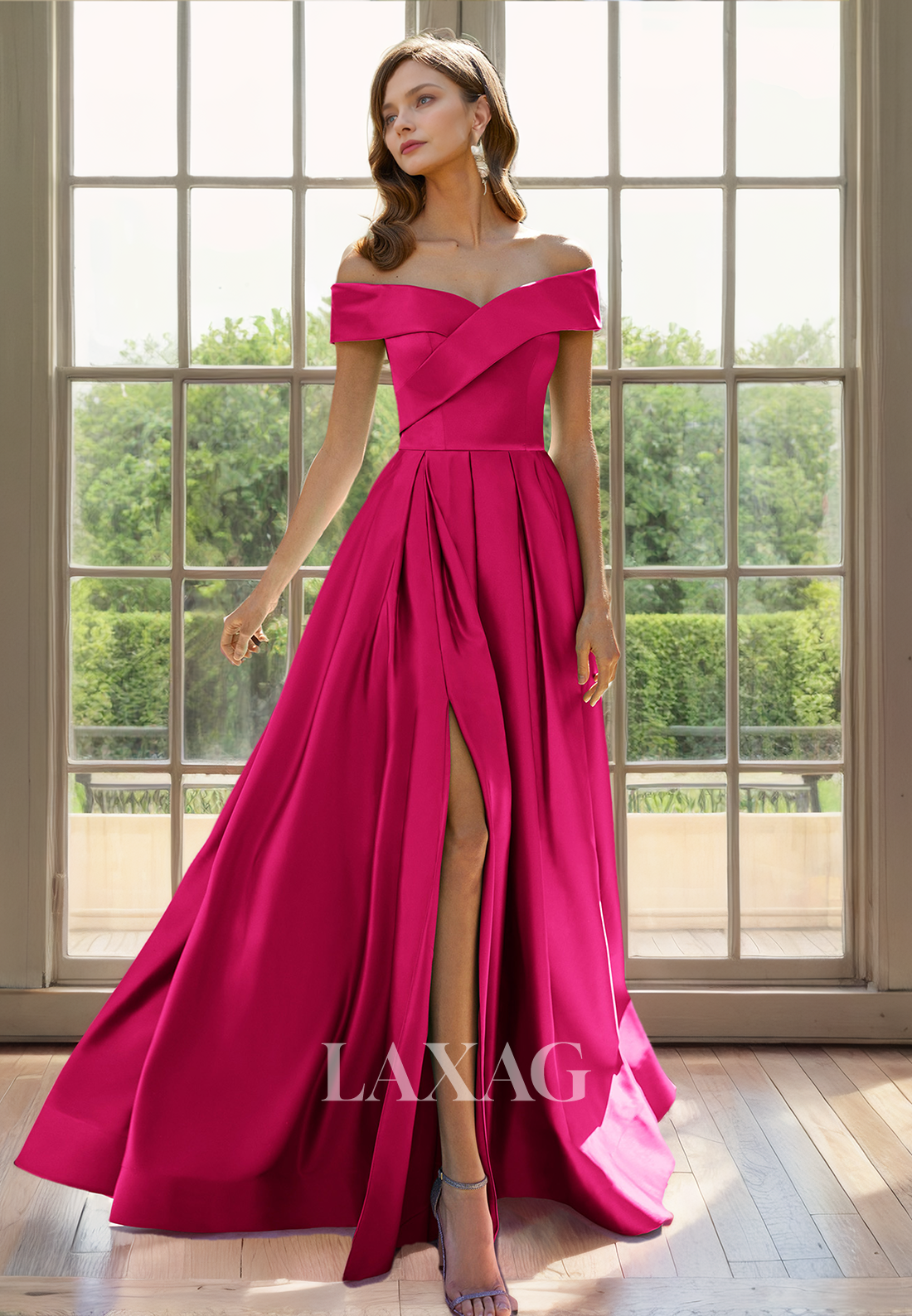 A-Line Off Shoulder Sleek Satin Elegant Mother of the Bride Dress with Slit