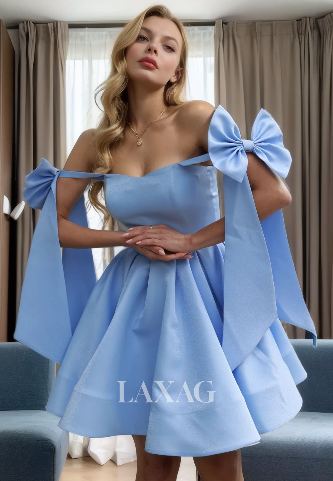 A-Line Off Shoulder Sleek Satin Elegant Party Homecoming Dress with Bow Detail