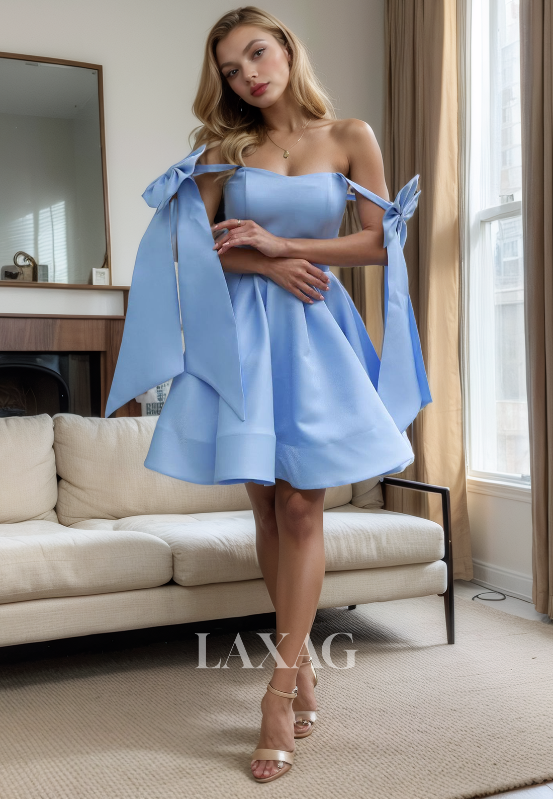 A-Line Off Shoulder Sleek Satin Elegant Party Homecoming Dress with Bow Detail