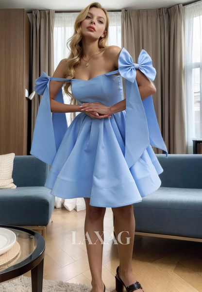 A-Line Off Shoulder Sleek Satin Elegant Party Homecoming Dress with Bow Detail