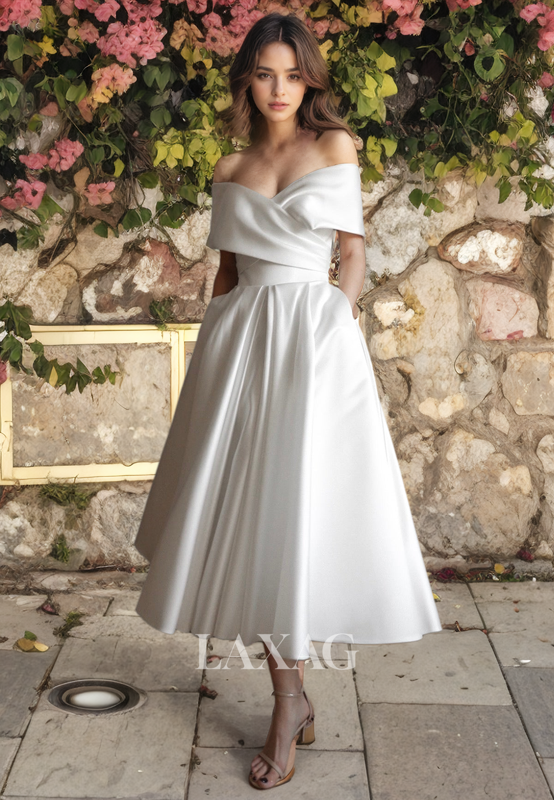 A-Line Off Shoulder Sleek Satin Elegant Wedding Dress