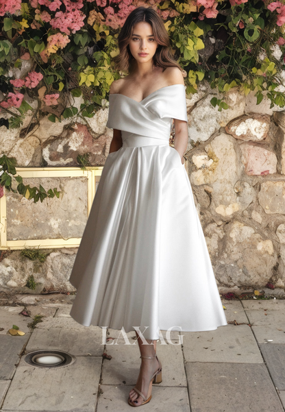 A-Line Off Shoulder Sleek Satin Elegant Wedding Dress