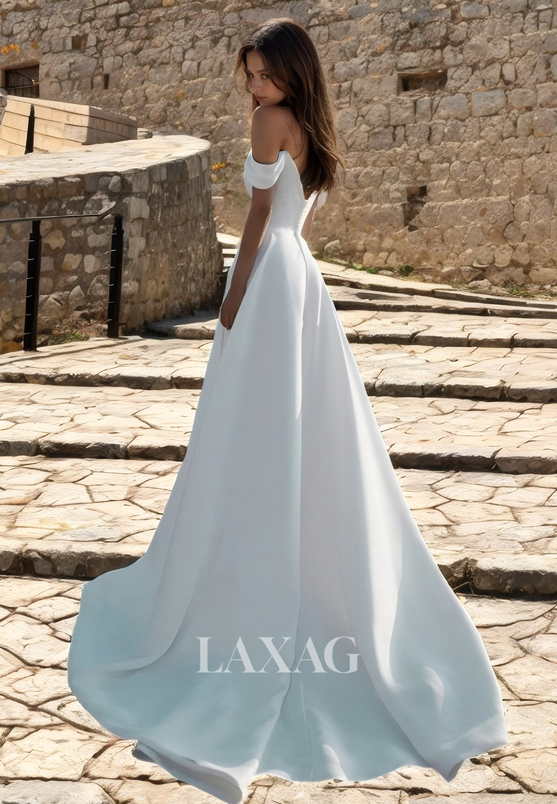 22987 - A-Line Off Shoulder Sleek Satin High Slit Elegant Wedding Dress with Train