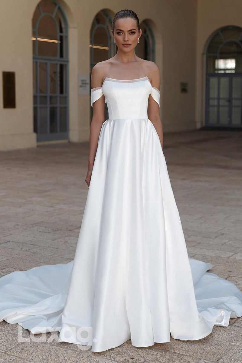 22343 - A-Line Off Shoulder Sleek Satin Elegant Wedding Dress with Train