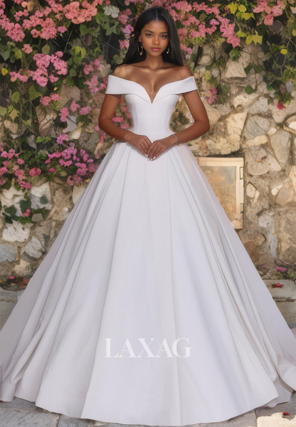 A-Line Off Shoulder Sleek Satin Elegant Wedding Dress with Train