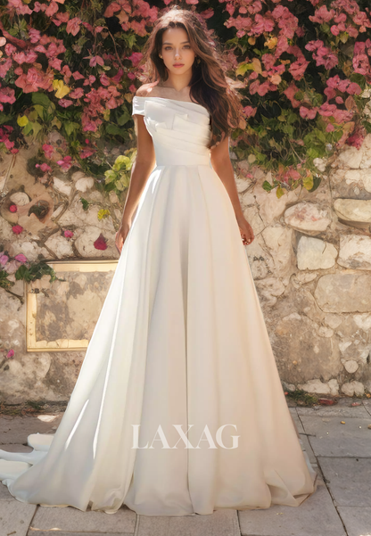 A-Line Off Shoulder Sleek Satin Elegant Wedding Dress with Train