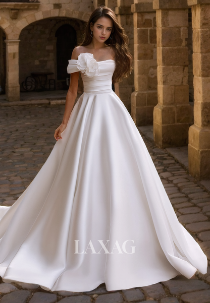 23030 - A-Line Off Shoulder Floral Embossed Sleek Satin Wedding Dress with Train