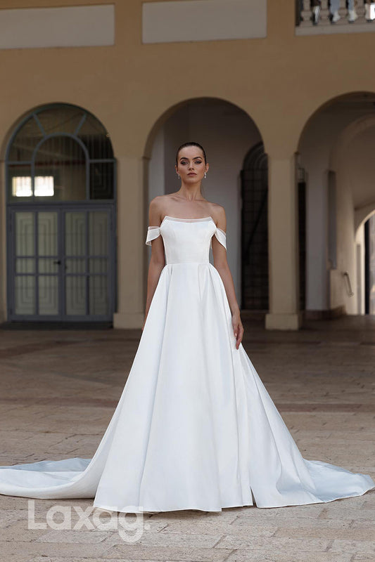 22343 - A-Line Off Shoulder Sleek Satin Elegant Wedding Dress with Train