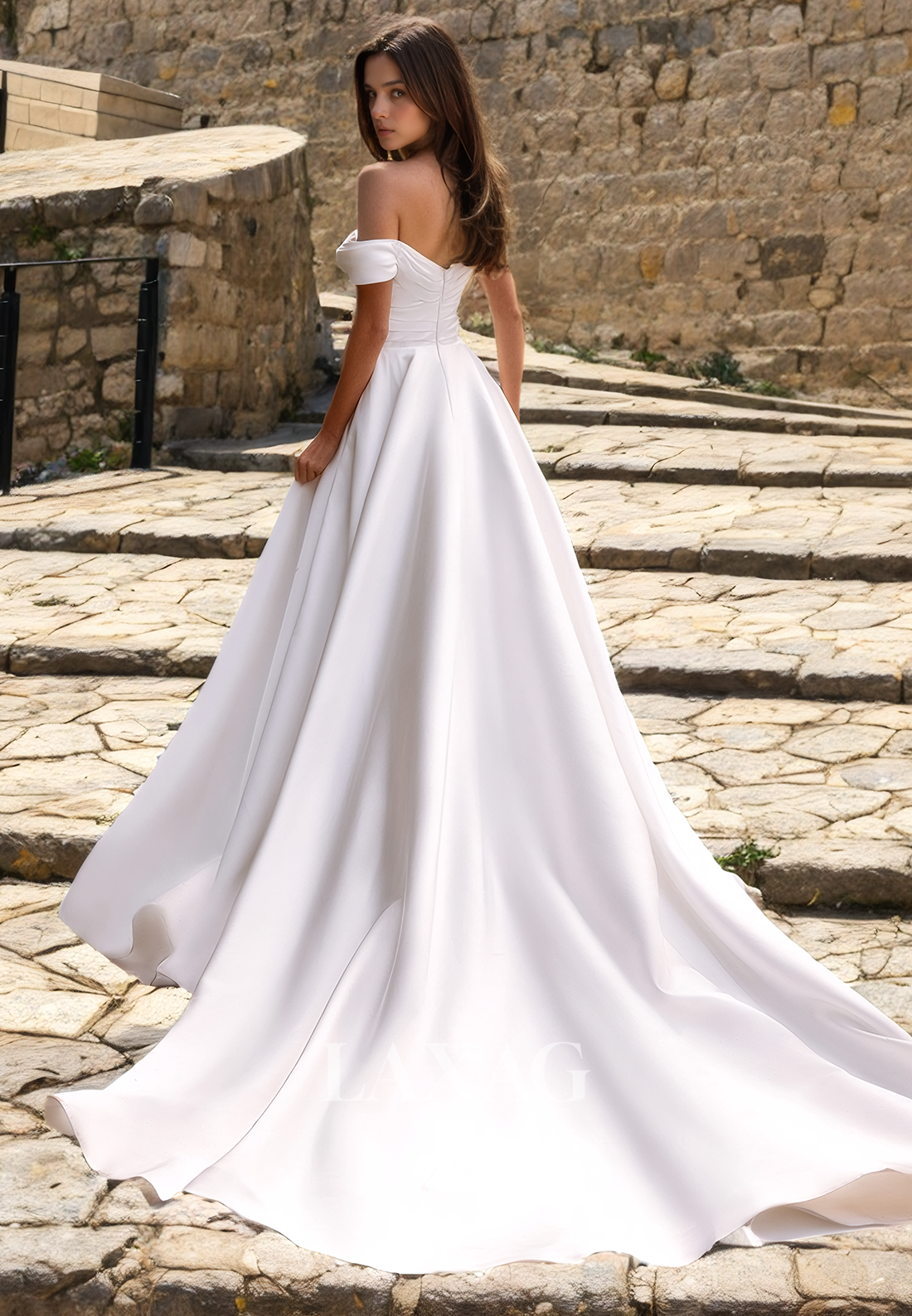 23030 - A-Line Off Shoulder Floral Embossed Sleek Satin Wedding Dress with Train