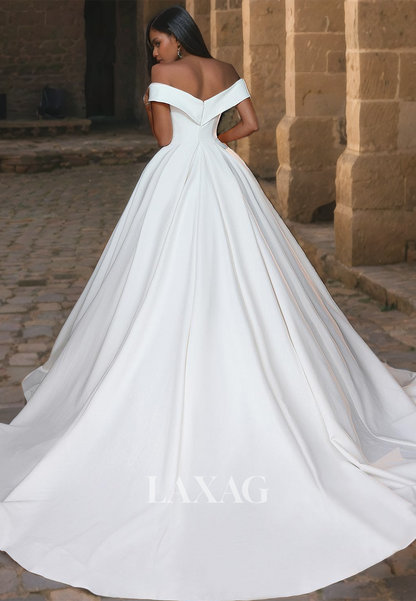 A-Line Off Shoulder Sleek Satin Elegant Wedding Dress with Train