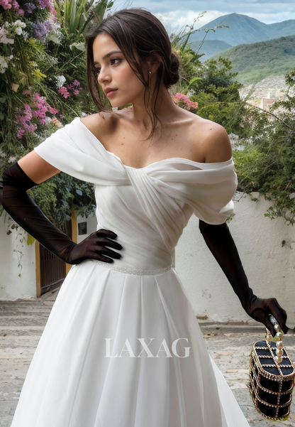 A-Line Off Shoulder Sleek Satin Elegant Wedding Dress with Train