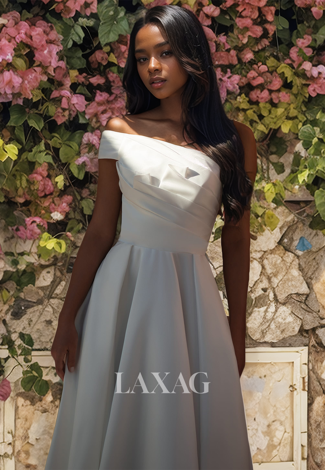 A-Line Off Shoulder Sleek Satin Elegant Wedding Dress with Train