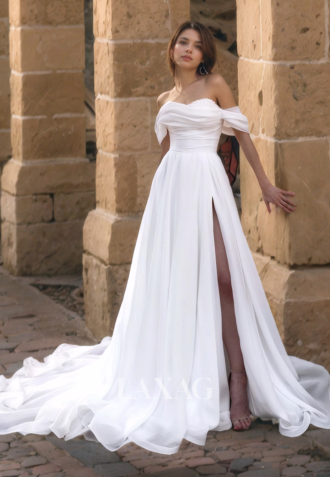 A-Line Off Shoulder Sleek Satin High Slit Elegant Wedding Dress with Train