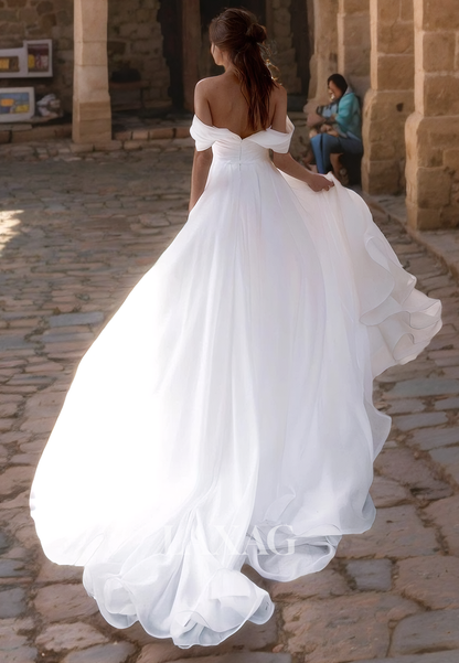 A-Line Off Shoulder Sleek Satin High Slit Elegant Wedding Dress with Train