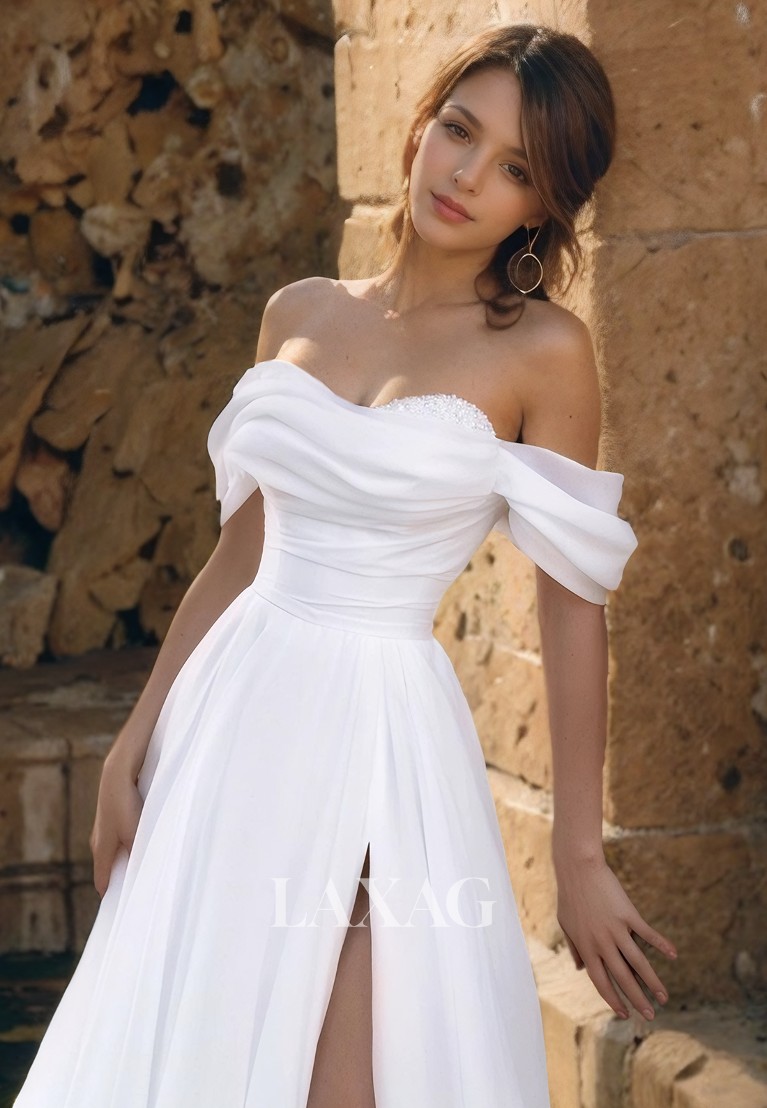 A-Line Off Shoulder Sleek Satin High Slit Elegant Wedding Dress with Train