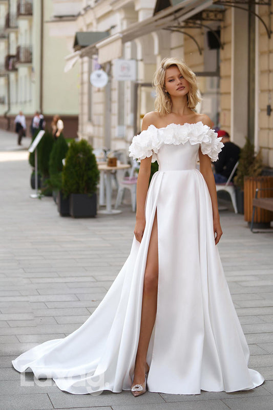 22377 - A-Line Off Shoulder Sleek Satin High Slit Wedding Dress with Train