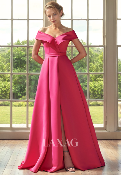 A-Line Off Shoulder Sleek Satin Mother of the Bride Dress with Slit and Train