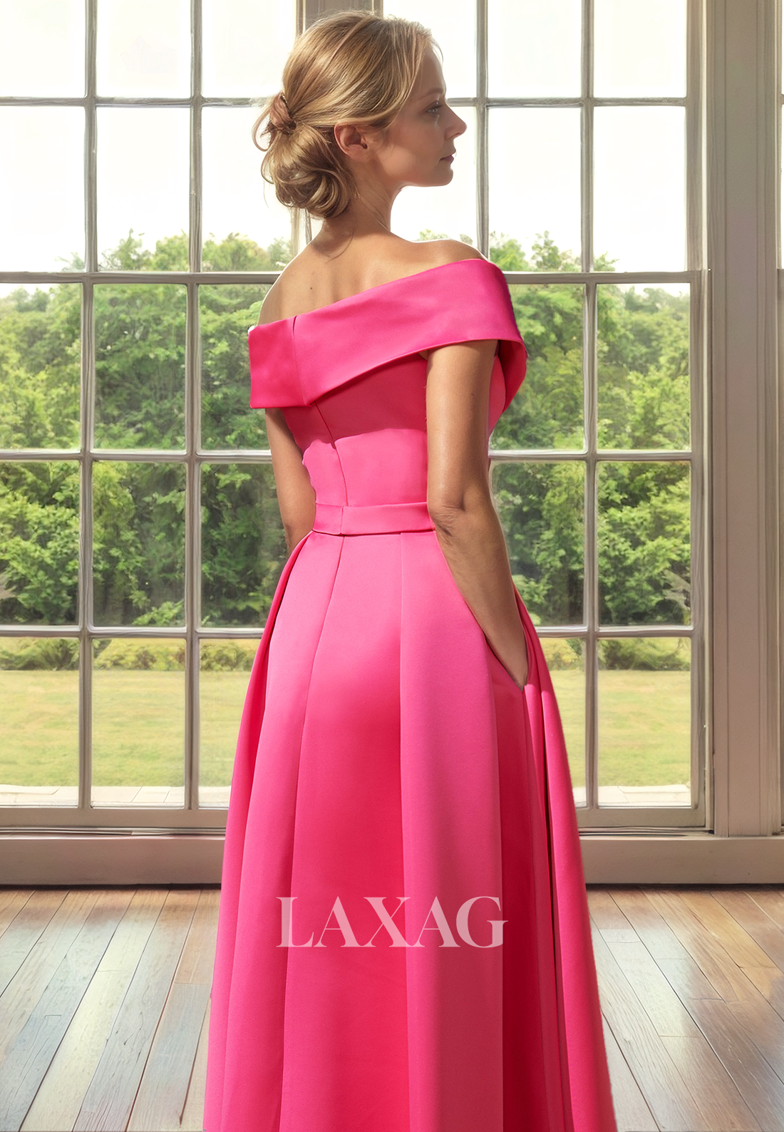 A-Line Off Shoulder Sleek Satin Mother of the Bride Dress with Slit and Train