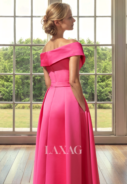 A-Line Off Shoulder Sleek Satin Mother of the Bride Dress with Slit and Train