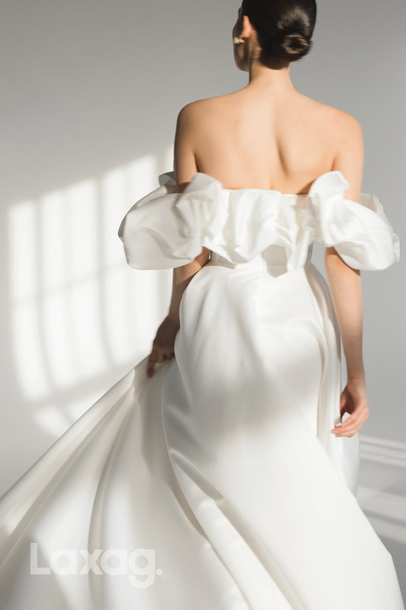 22613 - A-Line Off Shoulder Sleek Satin Wedding Dress