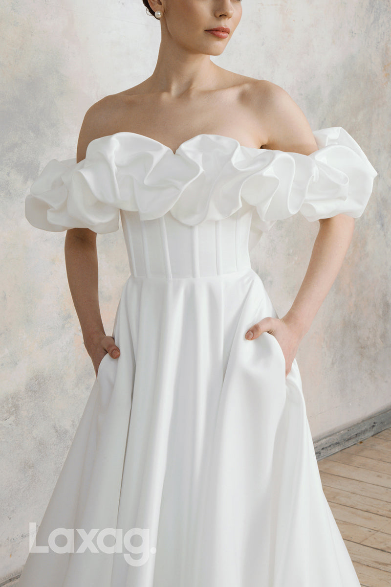 22613 - A-Line Off Shoulder Sleek Satin Wedding Dress