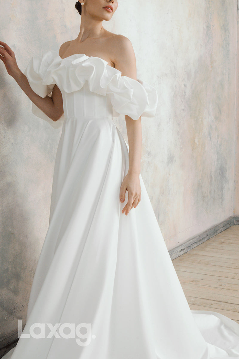 22613 - A-Line Off Shoulder Sleek Satin Wedding Dress