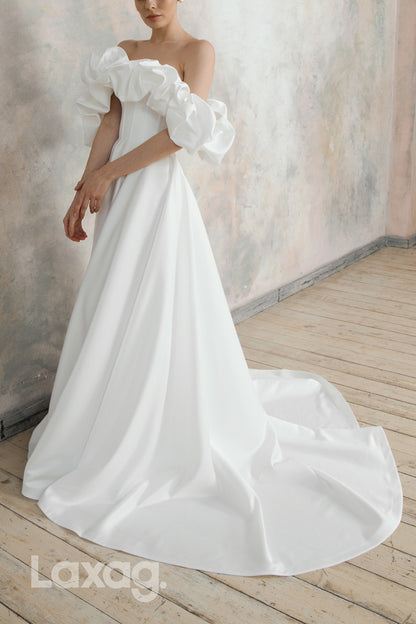 22613 - A-Line Off Shoulder Sleek Satin Wedding Dress