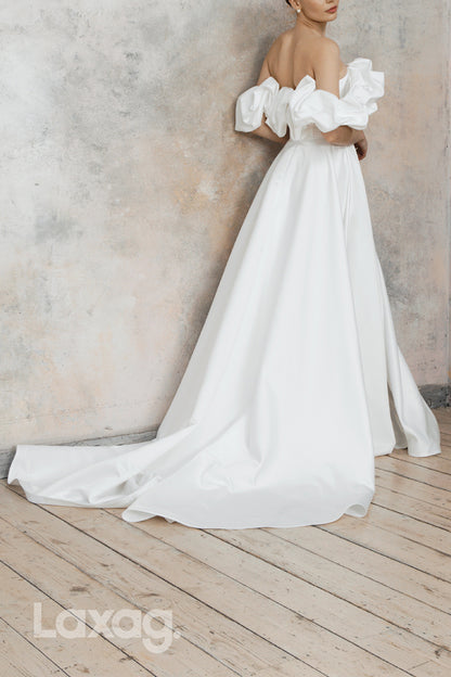 22613 - A-Line Off Shoulder Sleek Satin Wedding Dress