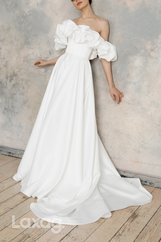 22613 - A-Line Off Shoulder Sleek Satin Wedding Dress