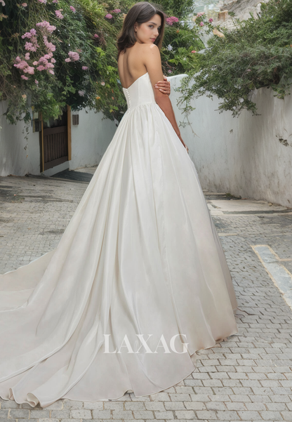 A-Line Off Shoulder Strapless Sleek Satin Elegant Wedding Dress with Train