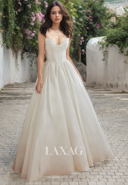 A-Line Off Shoulder Strapless Sleek Satin Elegant Wedding Dress with Train