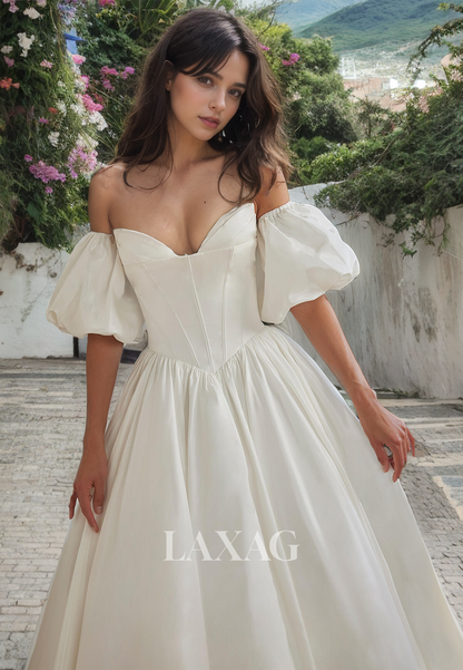 A-Line Off Shoulder Strapless Sleek Satin Elegant Wedding Dress with Train