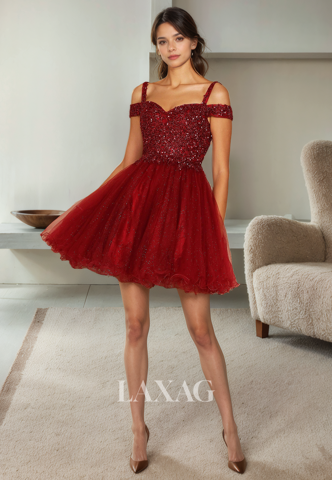 A-Line Off Shoulder Straps Beaded Tulle Sequins Party Homecoming Dress